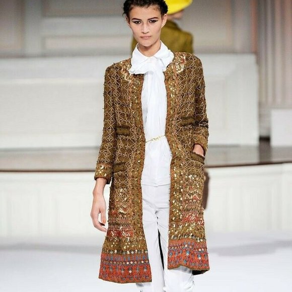 °$7,000 OSCAR DE LA RENTA EXQUISITE GOLDEN BRONZE MULTI BEADED RUNWAY COAT 6 M - Picture 7 of 16